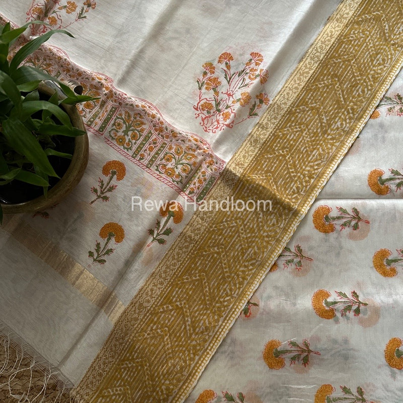 Maheshwari White Handblock Print Top-Dupatta HBS0136
