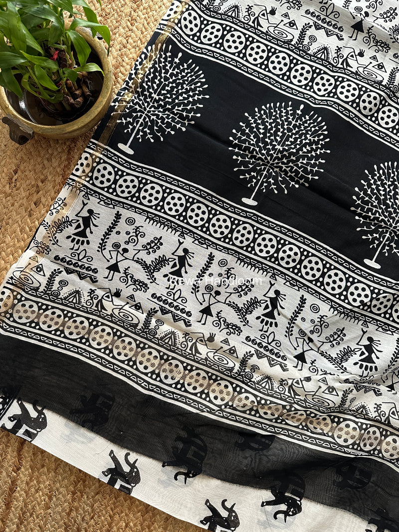 White Chanderi Silk Printed Saree CPS082