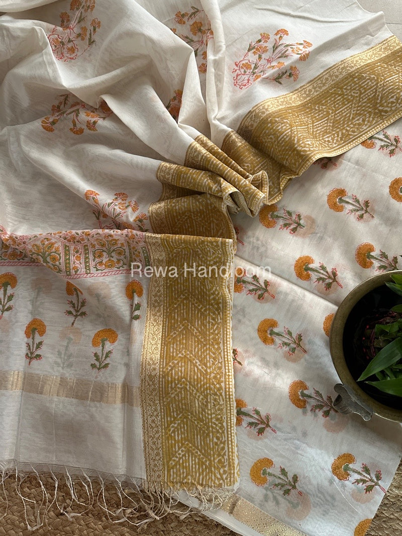 Maheshwari White Handblock Print Top-Dupatta HBS0136