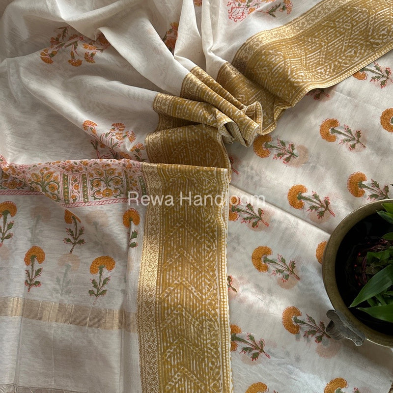 Maheshwari White Handblock Print Top-Dupatta HBS0136