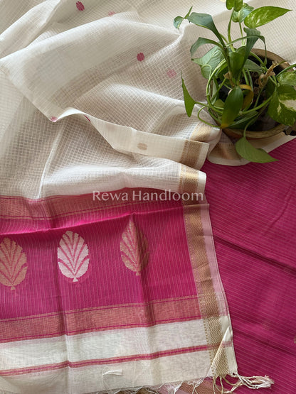 Maheshwari Pink-White Katan Motifs Top Dupatta Sets KBS043