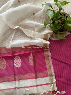 Maheshwari Pink - White Katan Motifs Top Dupatta Sets-KBS032