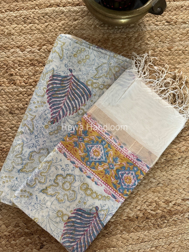 Maheshwari White Handblock Print Top-Dupatta HBS0132