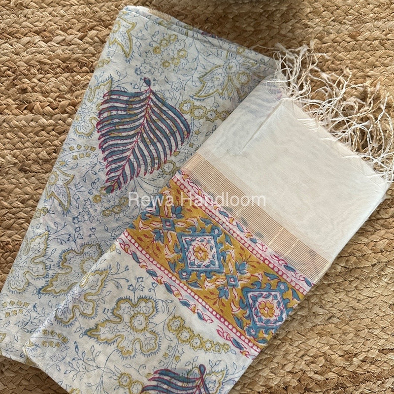 Maheshwari White Handblock Print Top-Dupatta HBS0132