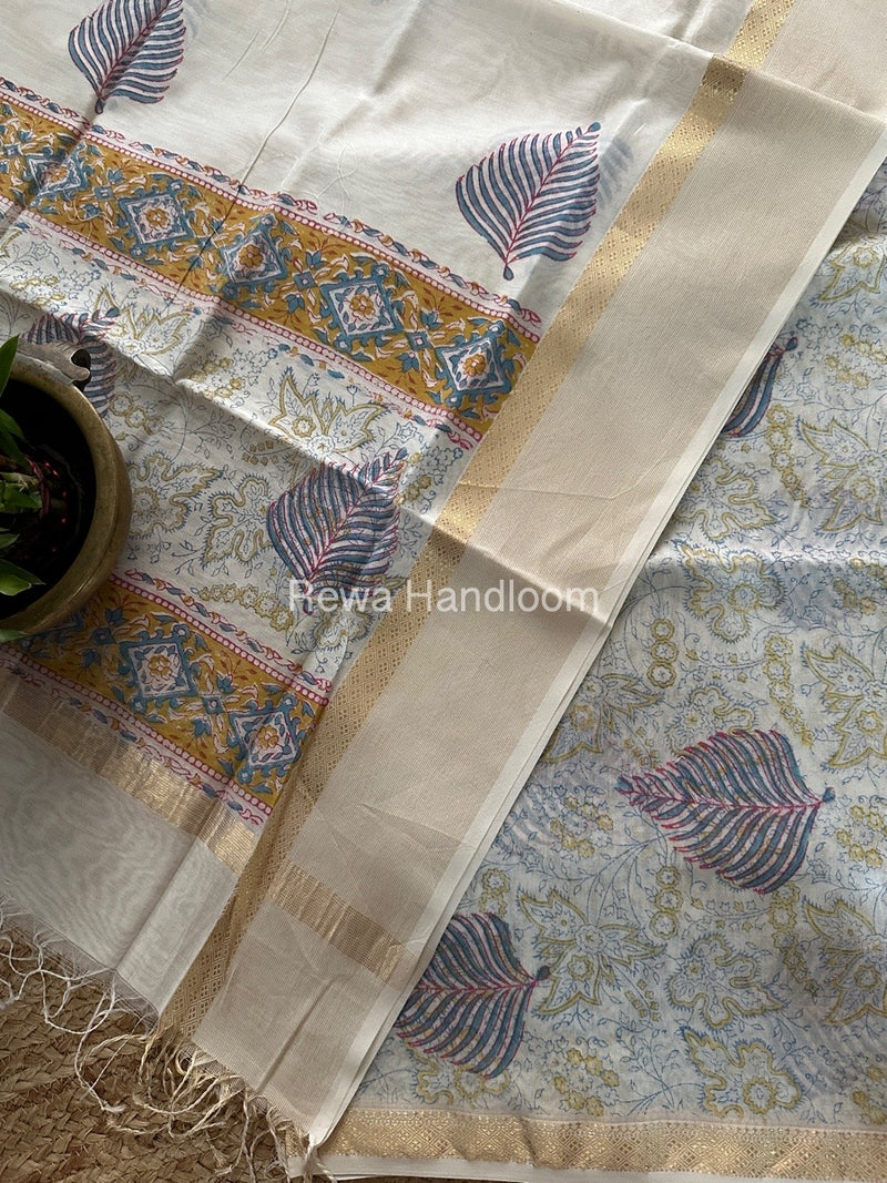 Maheshwari White Handblock Print Top-Dupatta HBS0132