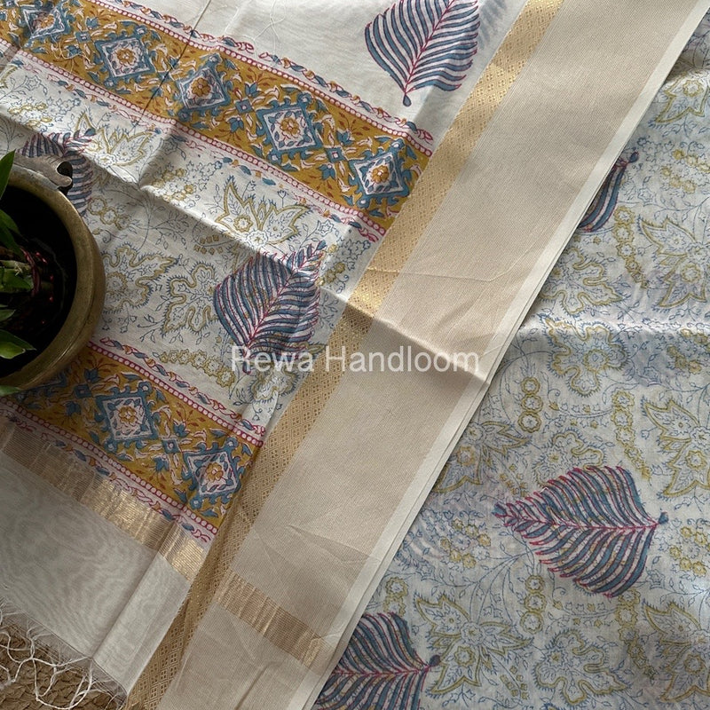 Maheshwari White Handblock Print Top-Dupatta HBS0132