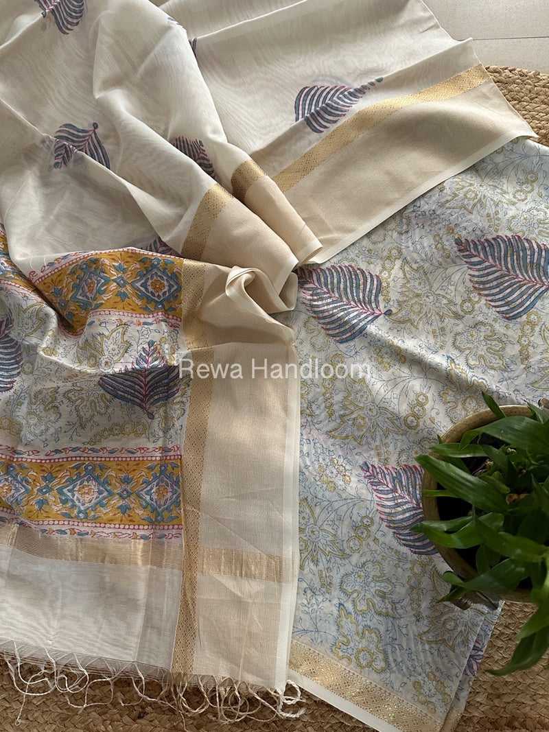 Maheshwari White Handblock Print Top-Dupatta HBS0132