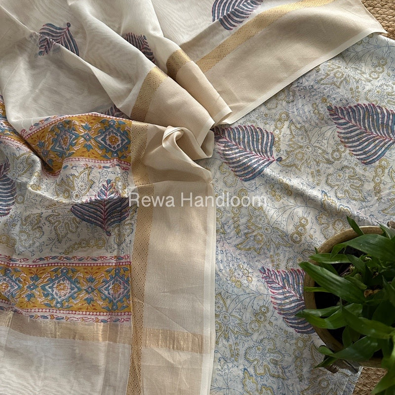 Maheshwari White Handblock Print Top-Dupatta HBS0132