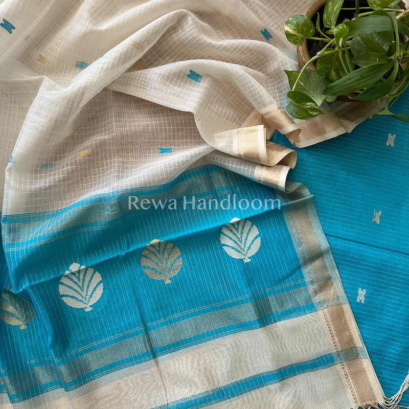 Maheshwari Sea Blue - White Katan Motifs Top Dupatta Sets-KBS042