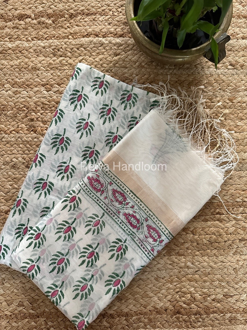 Maheshwari White Handblock Print Top-Dupatta HBS0133