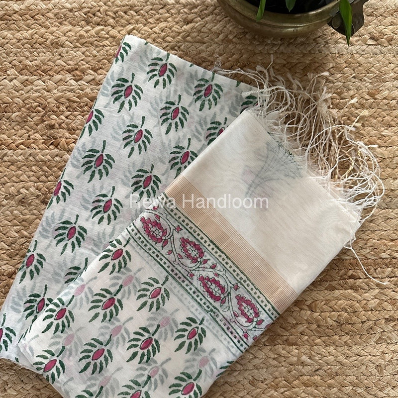 Maheshwari White Handblock Print Top-Dupatta HBS0133