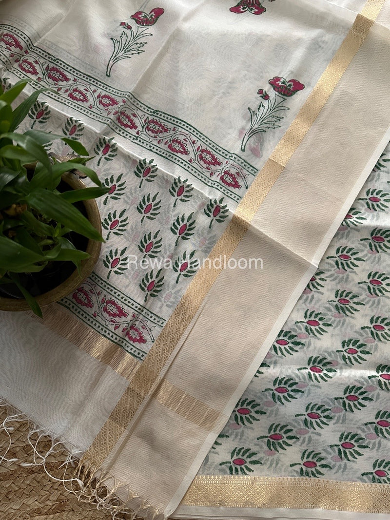 Maheshwari White Handblock Print Top-Dupatta HBS0133