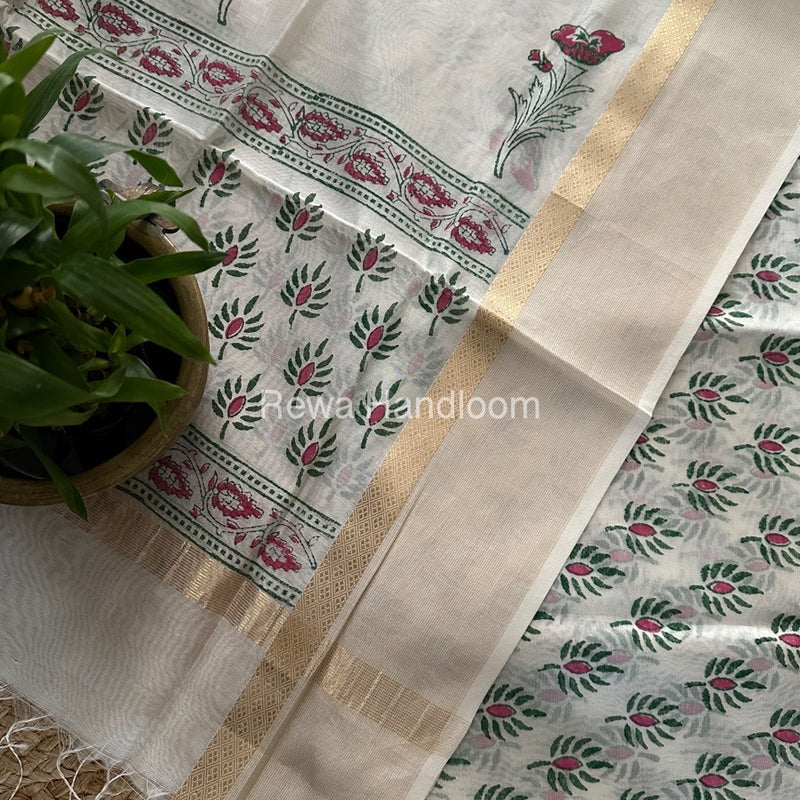 Maheshwari White Handblock Print Top-Dupatta HBS0133