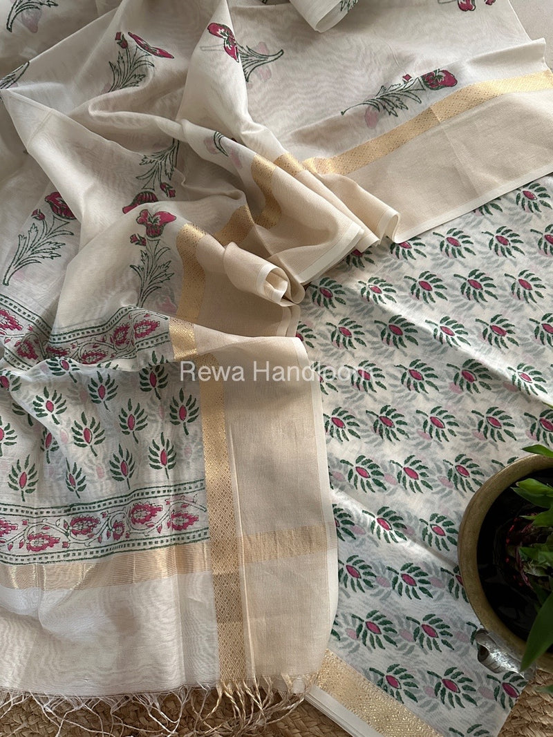 Maheshwari White Handblock Print Top-Dupatta HBS0133