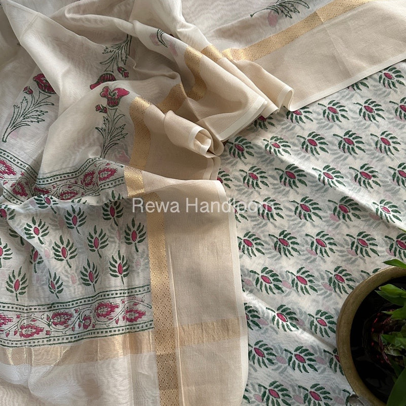 Maheshwari White Handblock Print Top-Dupatta HBS0133