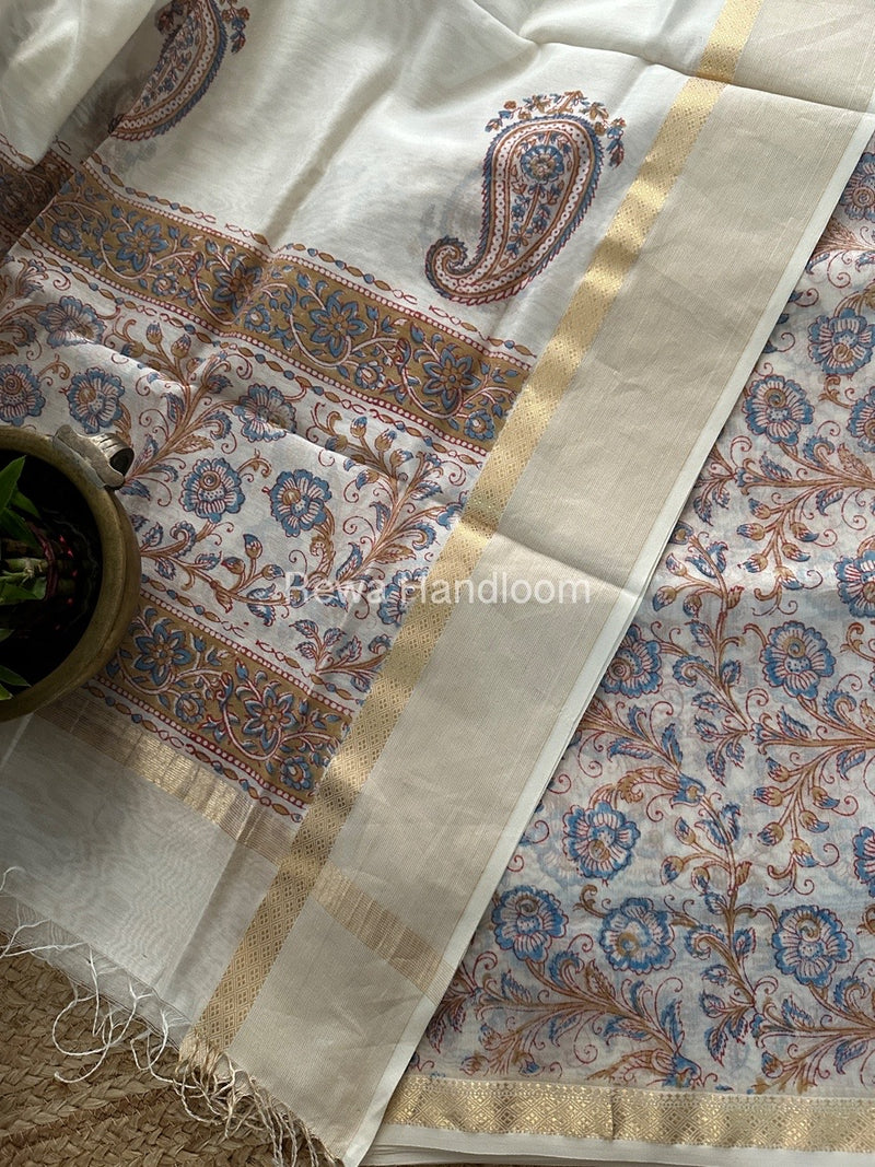 Maheshwari White Handblock Print Top-Dupatta HBS0131