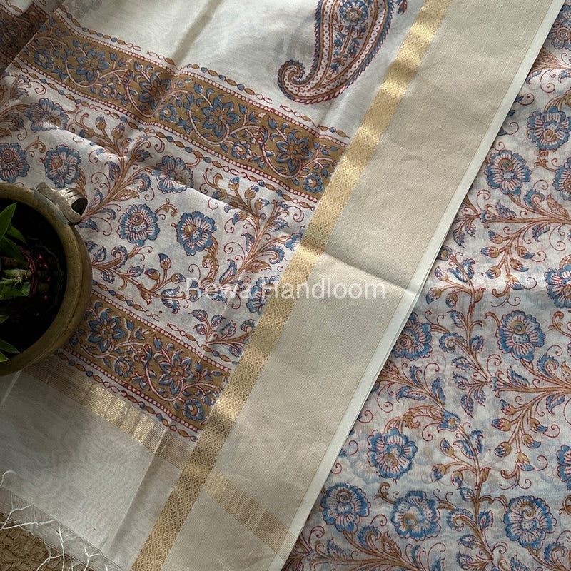 Maheshwari White Handblock Print Top-Dupatta HBS0131