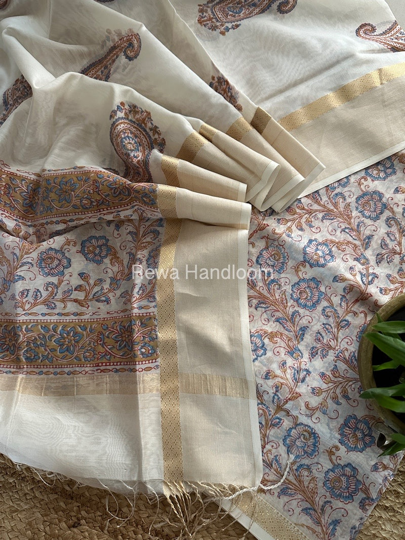 Maheshwari White Handblock Print Top-Dupatta HBS0131