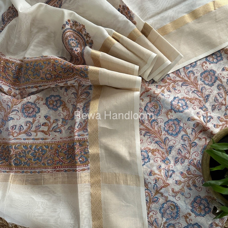 Maheshwari White Handblock Print Top-Dupatta HBS0131