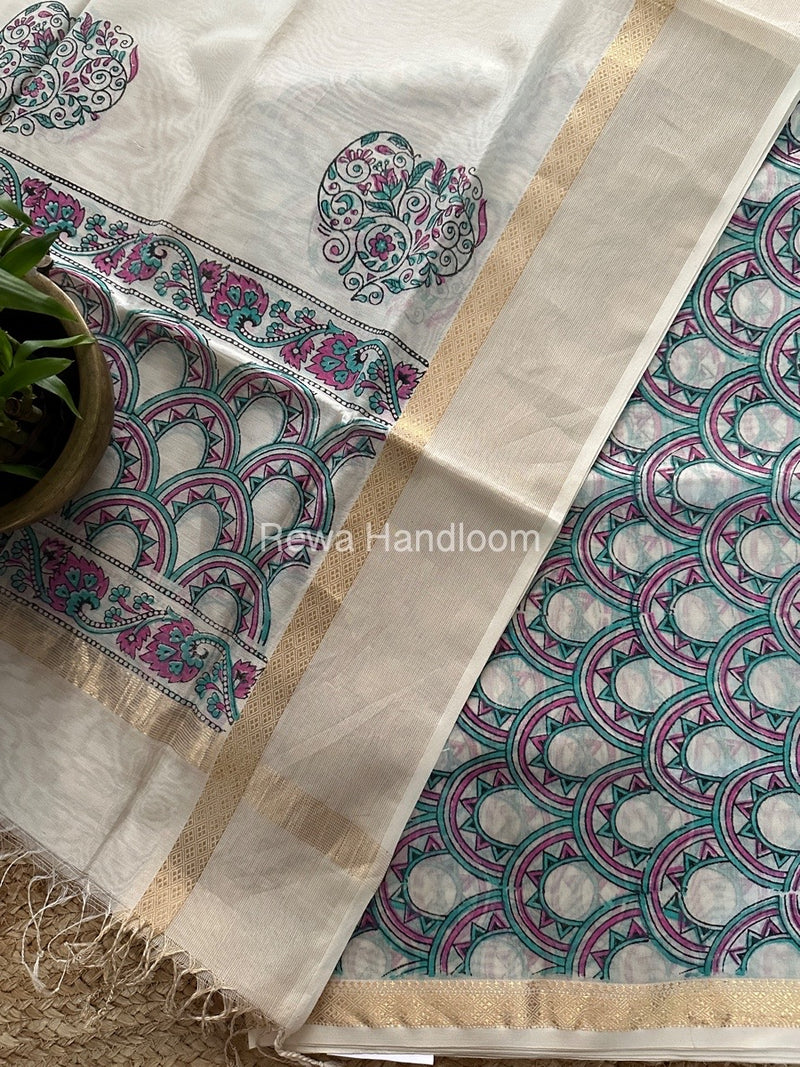 Maheshwari White Handblock Print Top-Dupatta HBS0151