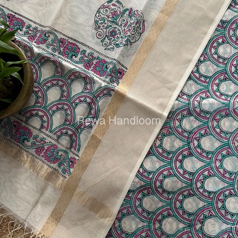 Maheshwari White Handblock Print Top-Dupatta HBS0151