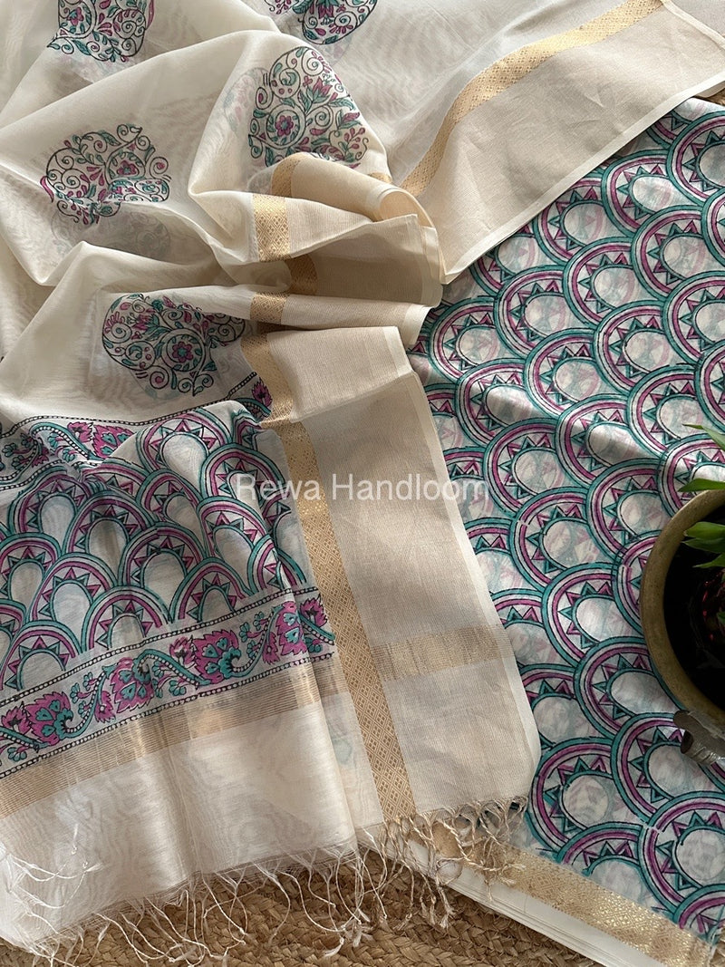 Maheshwari White Handblock Print Top-Dupatta HBS0151
