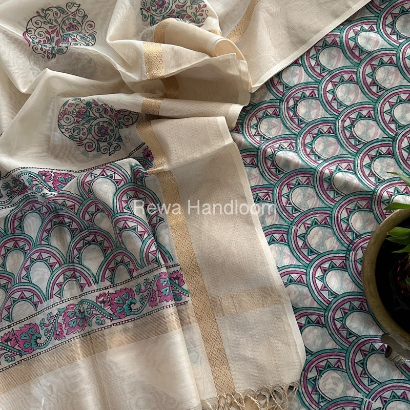 Maheshwari White Handblock Print Top-Dupatta HBS0151