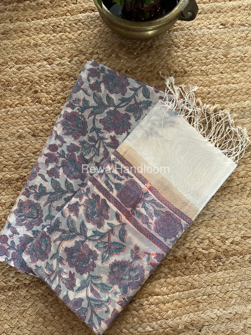 Maheshwari White Handblock Print Top-Dupatta HBS0139