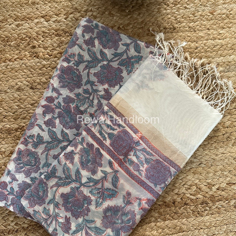 Maheshwari White Handblock Print Top-Dupatta HBS0139