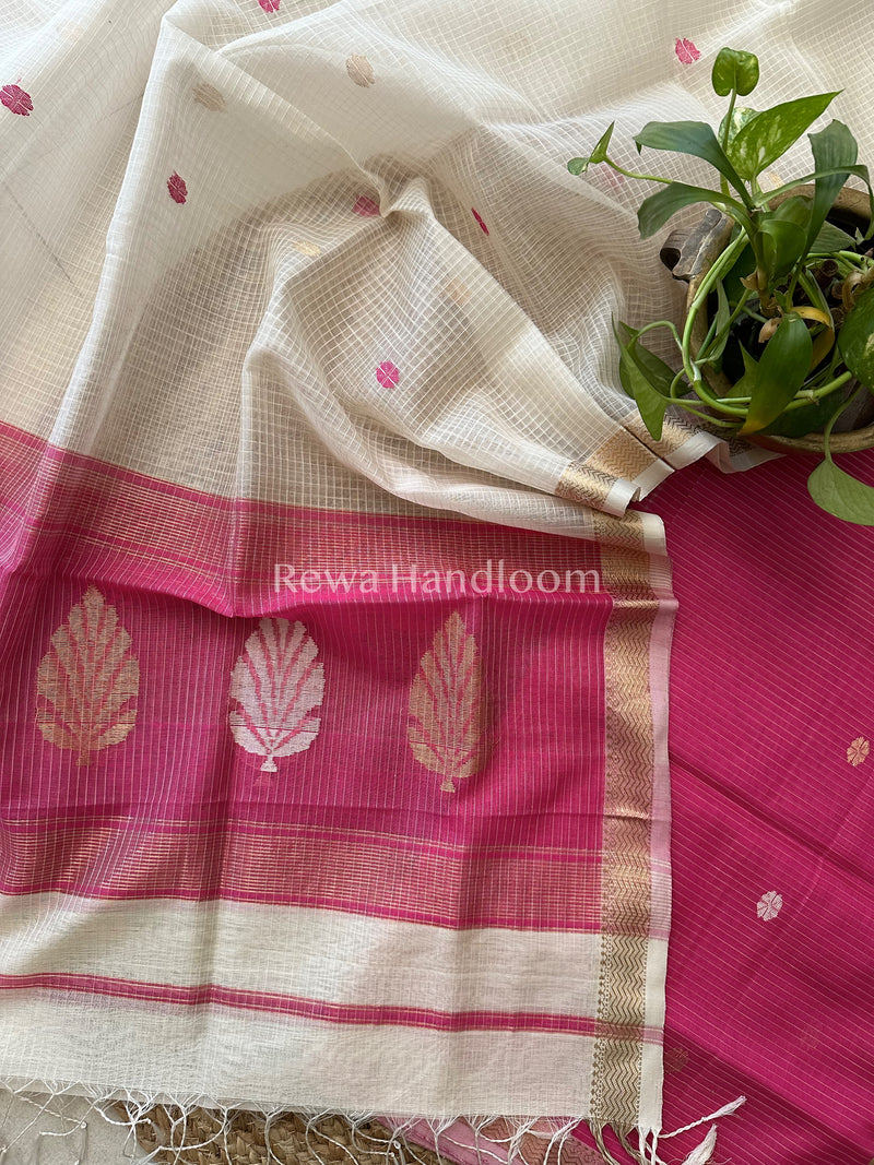 Maheshwari Magenta Pink - White Katan Motifs Top Dupatta Sets-KBS051