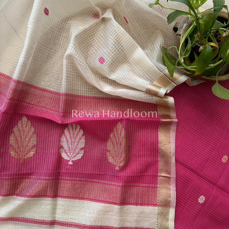 Maheshwari Magenta Pink - White Katan Motifs Top Dupatta Sets-KBS051