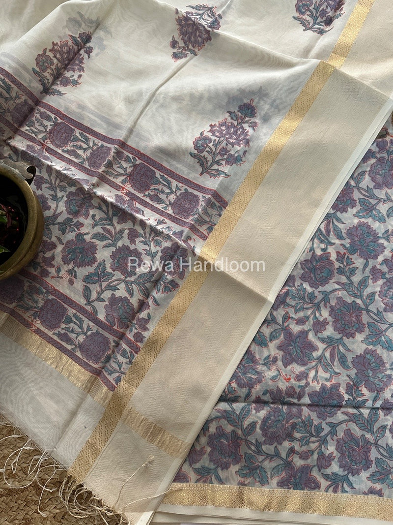 Maheshwari White Handblock Print Top-Dupatta HBS0139