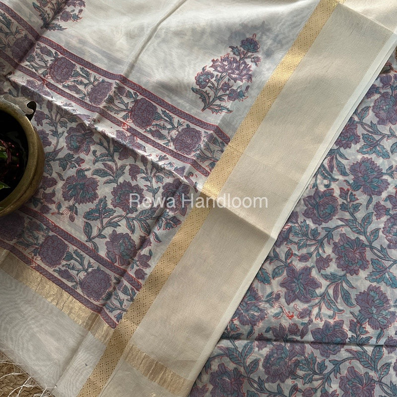 Maheshwari White Handblock Print Top-Dupatta HBS0139