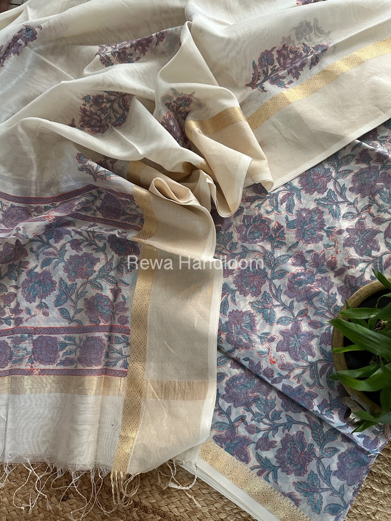 Maheshwari White Handblock Print Top-Dupatta HBS0139