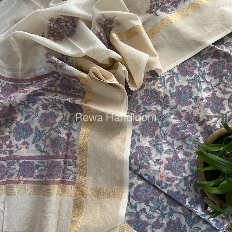 Maheshwari White Handblock Print Top-Dupatta HBS0139