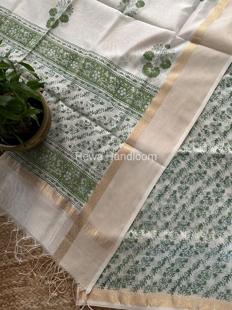 Maheshwari White Handblock Print Top-Dupatta HBS0137