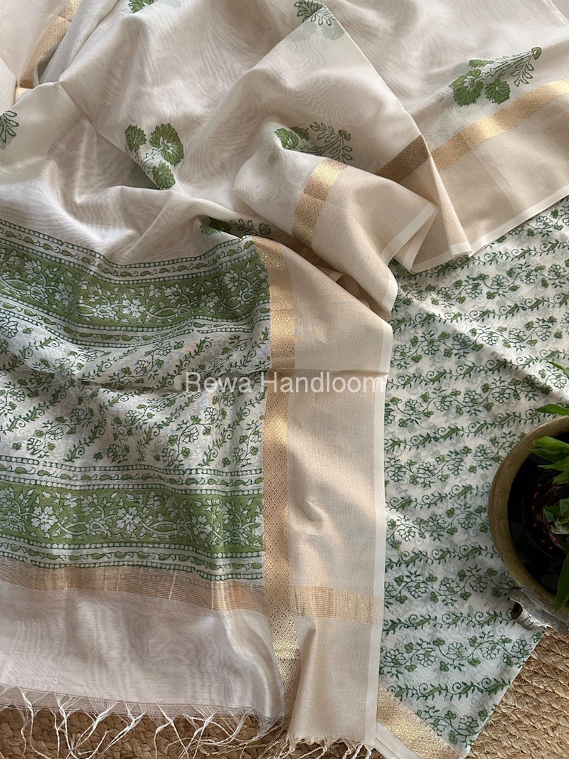 Maheshwari White Handblock Print Top-Dupatta HBS0137