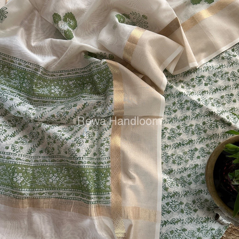 Maheshwari White Handblock Print Top-Dupatta HBS0137