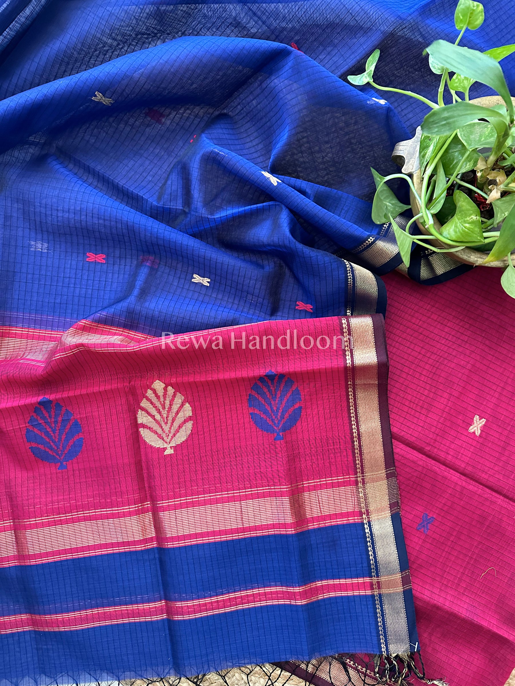 Maheshwari Dark Magenta- Navy Blue Katan Motifs Top Dupatta Sets-KBS053