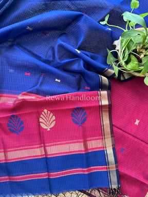 Maheshwari Dark Magenta- Navy Blue Katan Motifs Top Dupatta Sets-KBS053