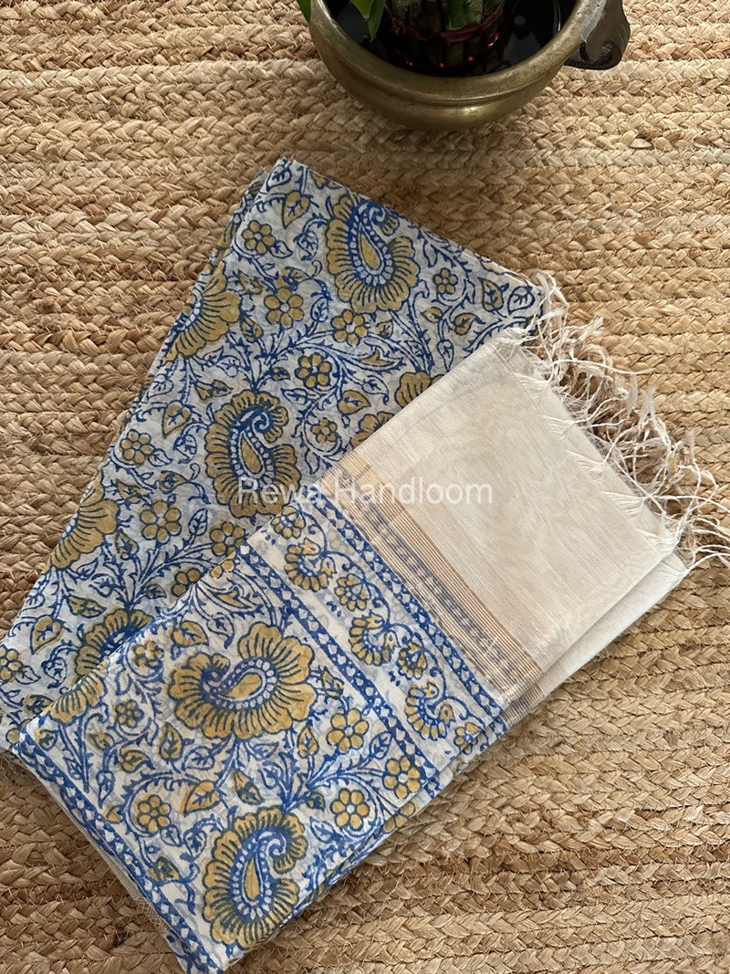 Maheshwari Blue-White Handblock Print Top-Dupatta HBS0113