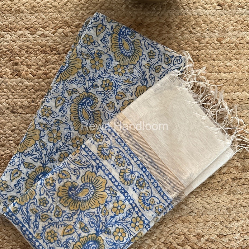 Maheshwari Blue-White Handblock Print Top-Dupatta HBS0113