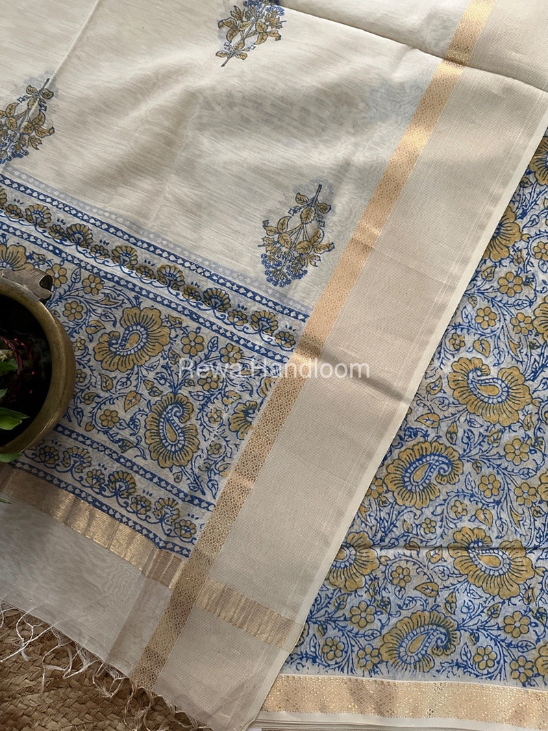 Maheshwari Blue-White Handblock Print Top-Dupatta HBS0113