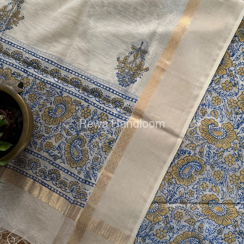 Maheshwari Blue-White Handblock Print Top-Dupatta HBS0113