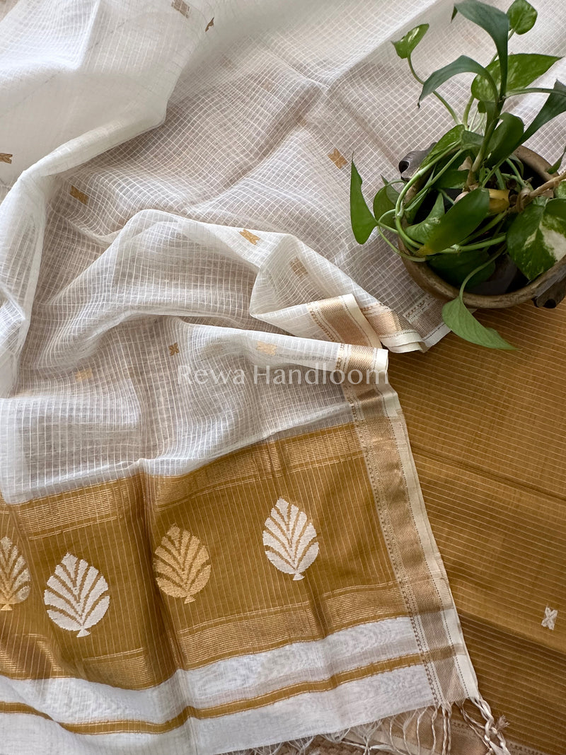 Maheshwari Golden Yellow- White Katan Motifs Top Dupatta Sets KBS062