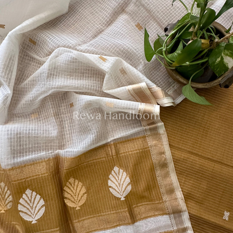 Maheshwari Golden Yellow- White Katan Motifs Top Dupatta Sets KBS062