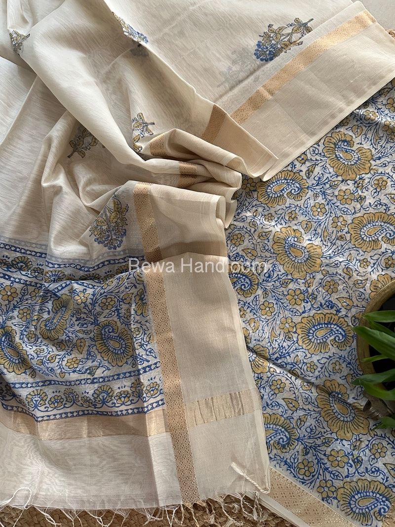 Maheshwari Blue-White Handblock Print Top-Dupatta HBS0113
