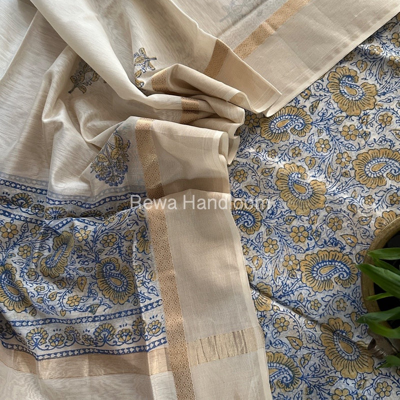 Maheshwari Blue-White Handblock Print Top-Dupatta HBS0113