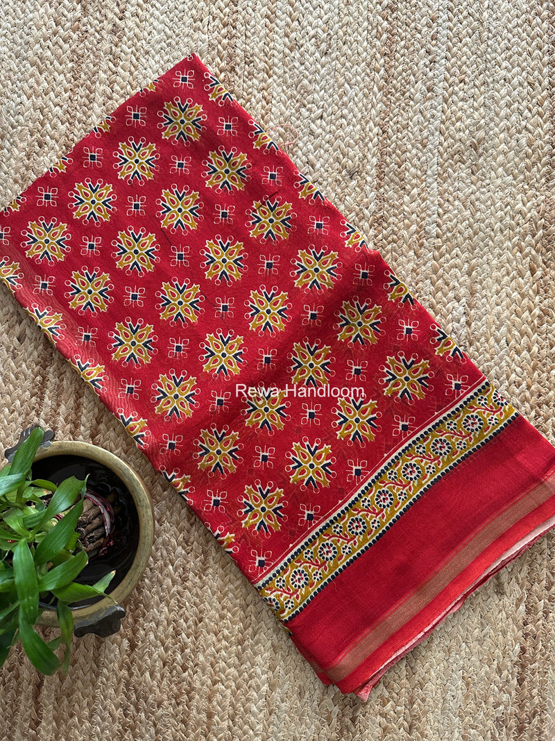 Red Chanderi Silk Printed Saree CPS093