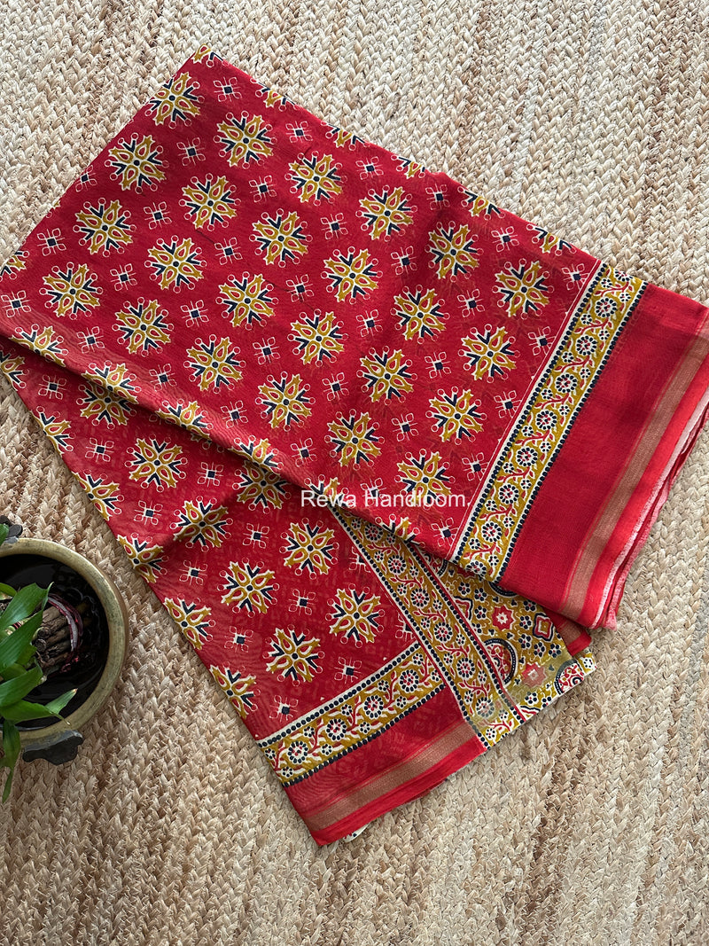 Red Chanderi Silk Printed Saree CPS093